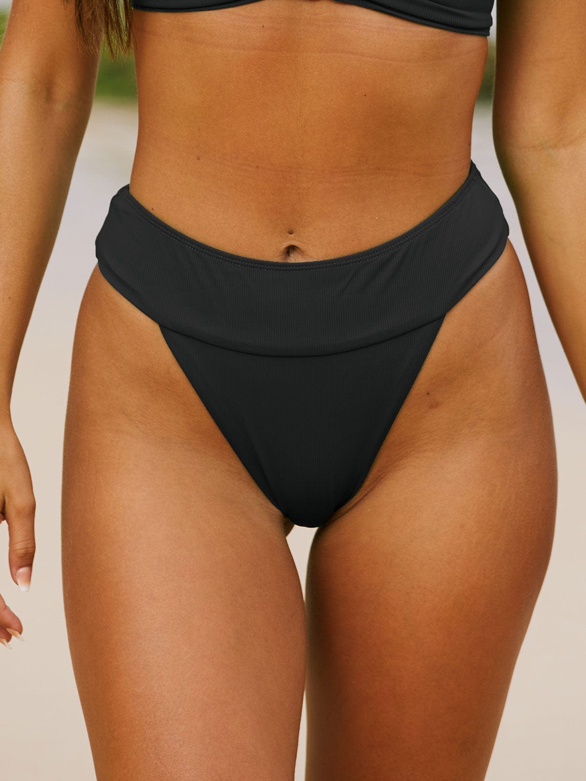 4B3A0828 Black Ribbed High Cut Wide Waistband Bikini Bottom - Image 1