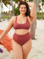 Brick Red Contrast Stitch High Cut Plus Size Bikini Bottom - Image 3