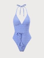 Blue Jacquard Halter One-Piece Swimsuit - Image 7