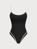 Black Contrast Ribbed U Neck One-Piece Swimsuit - Image 7