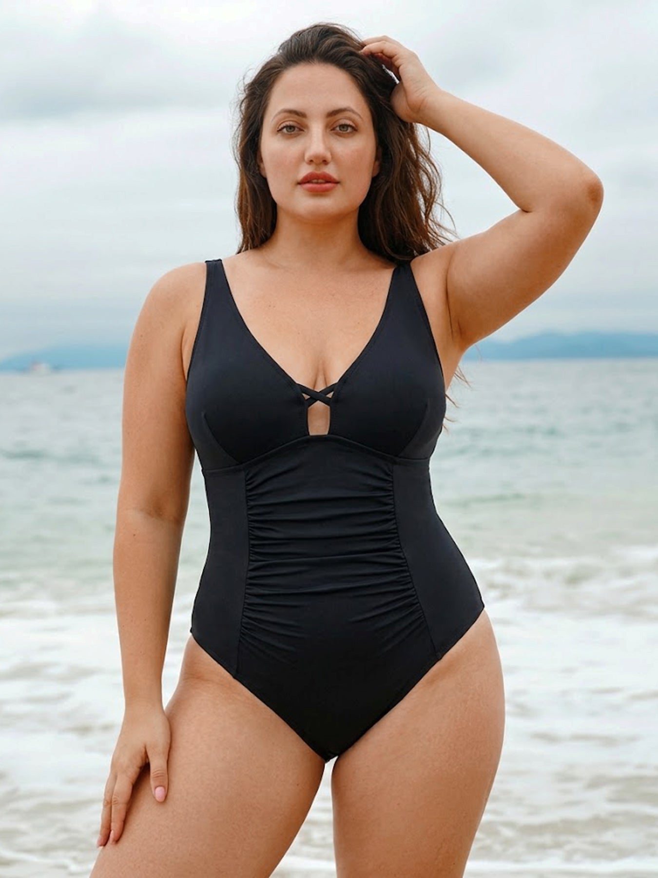 c-women_s-knitted-nylon-one-piece-swimsuit-black-sustainable-plus_size_one-pieces-4qlrsk Black Ruched Cutout Tummy Control Plus Size One Piece Swimsuit - Image 1