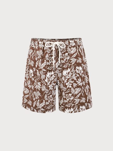 Brown Floral Print 7" Swim Trunks