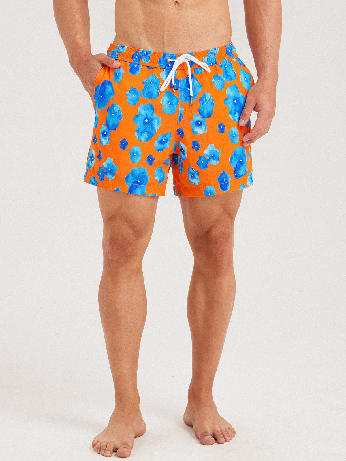men_-s-woven-nail-spandex-swim-shorts-sustainable-men_s_beach_shorts-c6q47e Hapnix® - Men's Orange Floral Print 5" Swim Trunks - Image 1