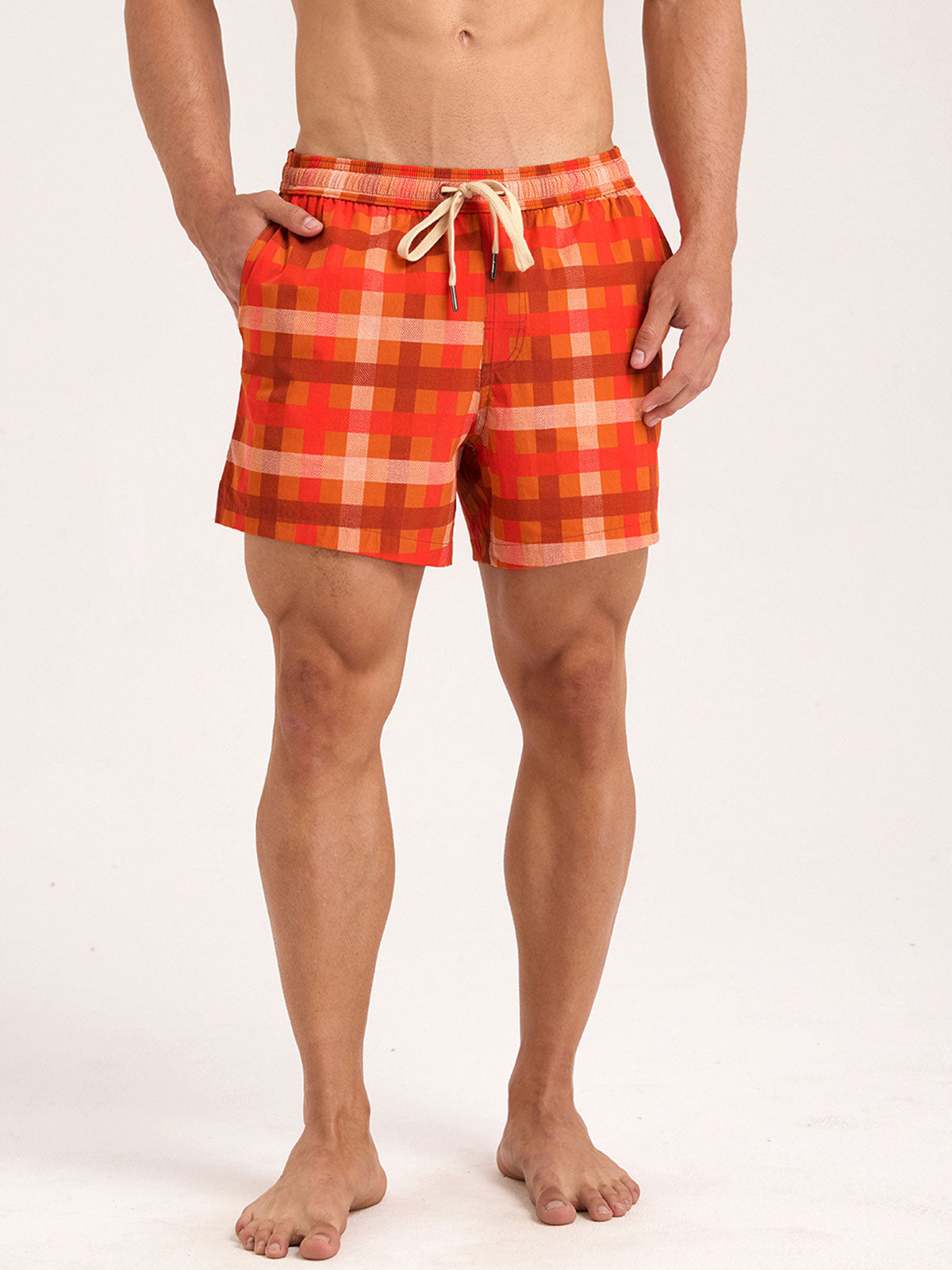 men_-s-woven-nail-spandex-swim-shorts-sustainable-men_s_beach_shorts-viwgta Hapnix® - Men's Orange 5" Swim Trunks - Image 1