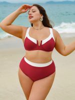 Red Contrast V Notch Plus Size Bikini Top - Image 4