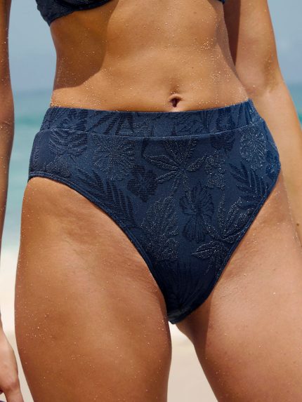 Blue Shimmer Textured High Waisted Bikini Bottom