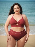 Brick Red Contrast Stitch Plus Size Bikini Bottom - Image 4
