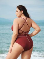 Brick Red Contrast Stitch Plus Size Bikini Bottom - Image 2