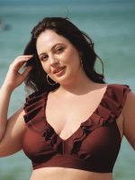Brown Ruffled V-Neck Plus Size Bikini Top