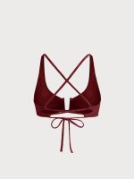 Wine Red Textured U-Ring Cross Back Bikini Top - Image 7