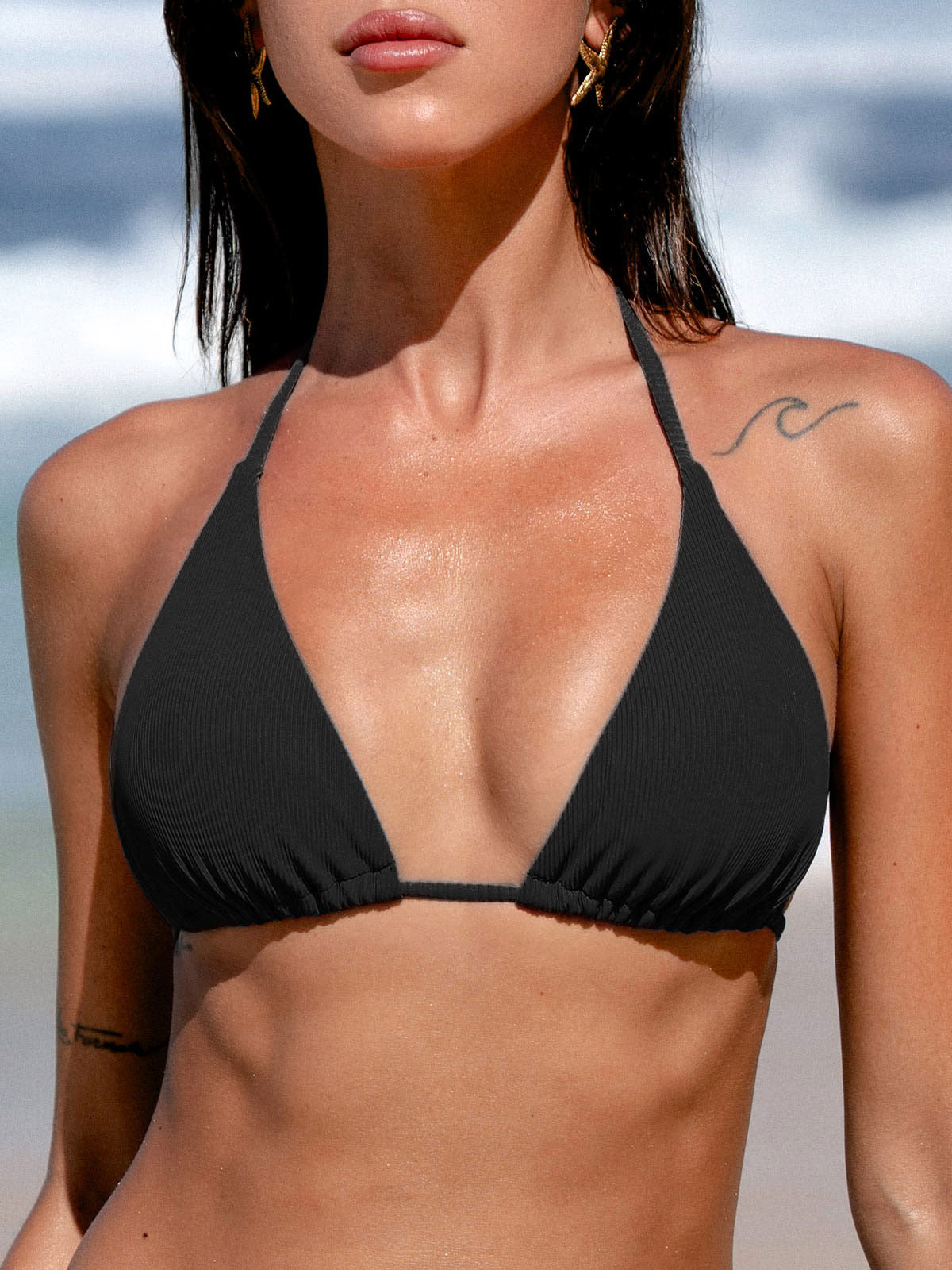women-knitted-nylon-bikini-tops-sustainable-bikinis-qk7f12 Black Solid Halter Triangle Bikini Top - Image 1