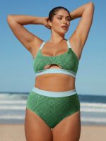 Dark Green Contrast Trim Plus Size Bikini Top - Image 3