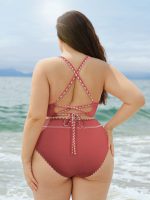 Brick Red Contrast Stitch Plus Size Bikini Top - Image 2