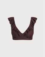 Brown Ruffled V-Neck Plus Size Bikini Top - Image 6
