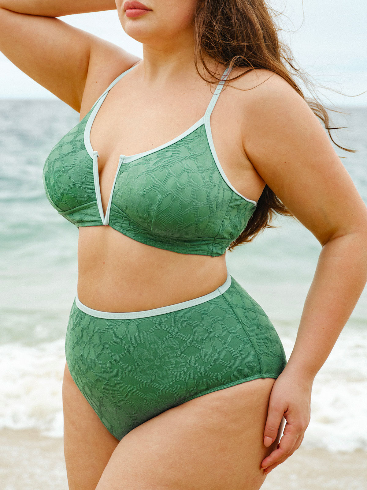 women-knitted-nylon-bikini-tops-sustainable-plus_size_bikinis-naeohi Dark Green Jacquard V Notch Plus Size Bikini Top - Image 1