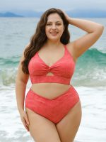Red Jacquard Twist Plus Size Bikini Top - Image 4