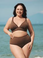 Dark Coffee Lurex Strappy Plus Size Bikini Top - Image 3