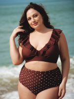 Brown Ruffled V-Neck Plus Size Bikini Top - Image 2