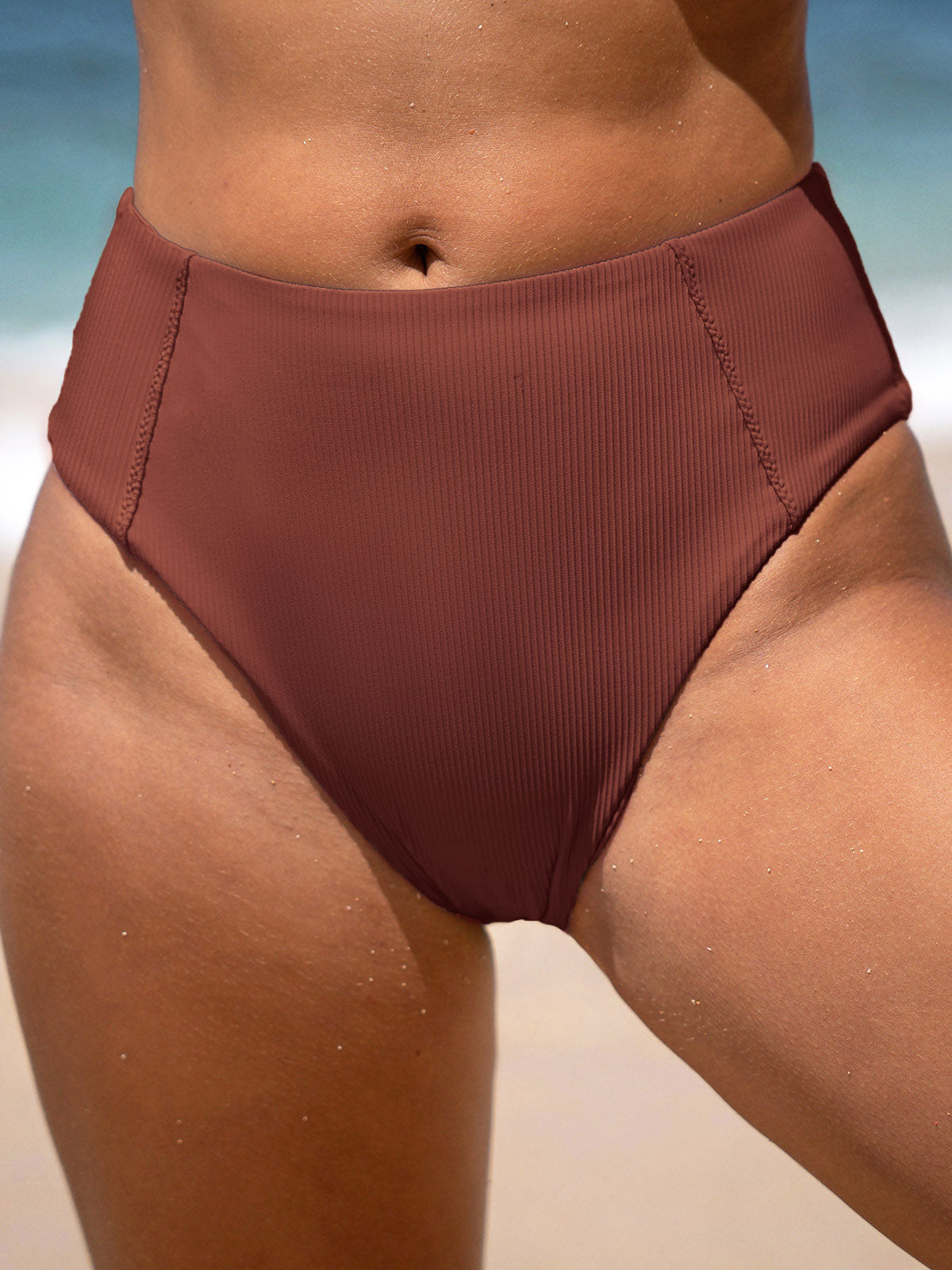 women-knitted-nylon-blended-bikini-bottoms-coffee-sustainable-bikinis-b8h87e Brown Ribbed Seam Full Coverage Bikini Bottom - Image 1