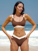 Brown Contrast Trim V-Cut Full Coverage Bikini Bottom - Image 4