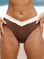 Brown Contrast Trim V-Cut Full Coverage Bikini Bottom