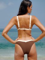Brown Contrast Trim V-Cut Bikini Bottom - Image 2