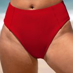 Red Ribbed Seam Full Coverage Bikini Bottom