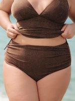 Dark Coffee Lurex Ruched Plus Size Bikini Bottom