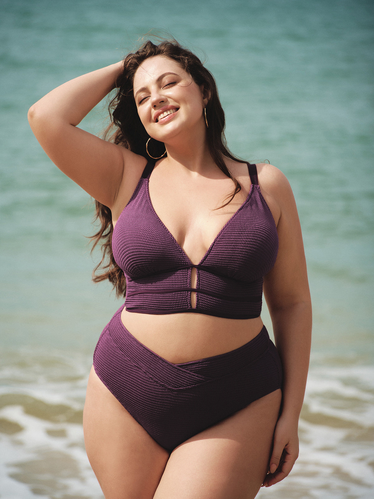 women-knitted-nylon-blended-bikini-tops-sustainable-plus_size_tankinis-iqawty Purple Textured V Neck Plus Size Tankini Top - Image 1