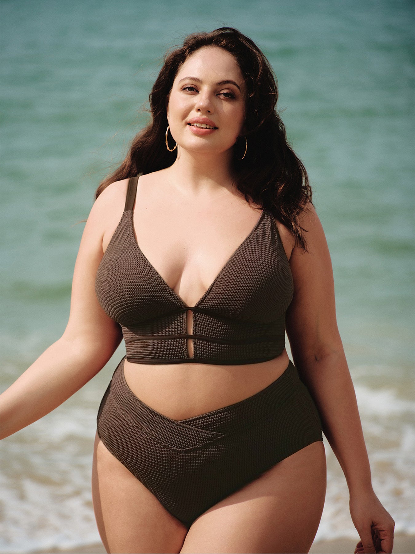 women-knitted-nylon-blended-bikini-tops-sustainable-plus_size_tankinis-mpctps Dark Coffee Textured V Neck Plus Size Tankini Top - Image 1