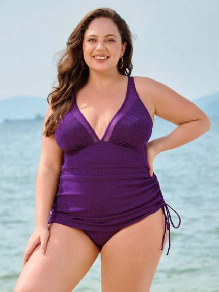 Purple Ruched Drawstring Plus Size One-Piece Swimsuit