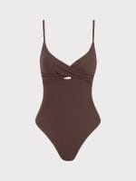 Coffee Ribbed Twist Knot One-Piece Swimsuit - Image 10
