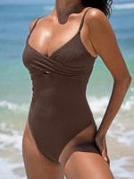 Coffee Ribbed Twist Knot One-Piece Swimsuit - Image 4