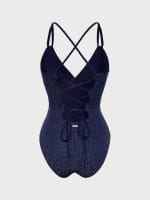 Blue Lurex V-Neck One Piece Swimwear - Image 9