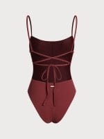 Wine Red Ribbed Cross Back One-Piece Swimsuit - Image 9