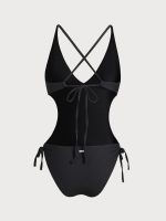 Black V Neck Backless One-Piece Swimsuit - Image 7