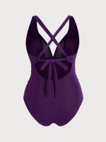 Purple V-Neck Ruched Plus Size One-Piece Swimsuit - Image 7