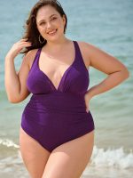 Purple V-Neck Ruched Plus Size One-Piece Swimsuit - Image 5