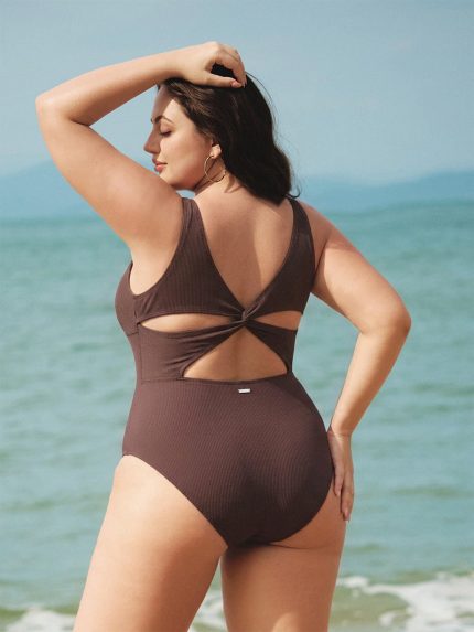 Coffee X-Cross Plus Size One-Piece Swimsuit