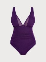 Purple V-Neck Ruched Plus Size One-Piece Swimsuit - Image 6