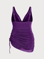 Purple Ruched Drawstring Plus Size One-Piece Swimsuit - Image 7