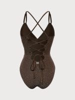 Dark Coffee Lurex V-Neck One Piece Swimwear - Image 7