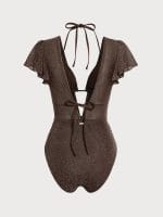 Dark Coffee Lurex V Neck Tie One-Piece Swimsuit - Image 8