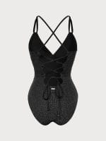 Black Lurex V-Neck One Piece Swimwear - Image 5