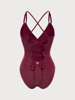 Wine Red Lurex V-Neck One Piece Swimwear - Image 7