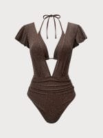 Dark Coffee Lurex V Neck Tie One-Piece Swimsuit - Image 7