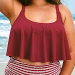 Wine Red U-Neck Plus Size Tankini Top