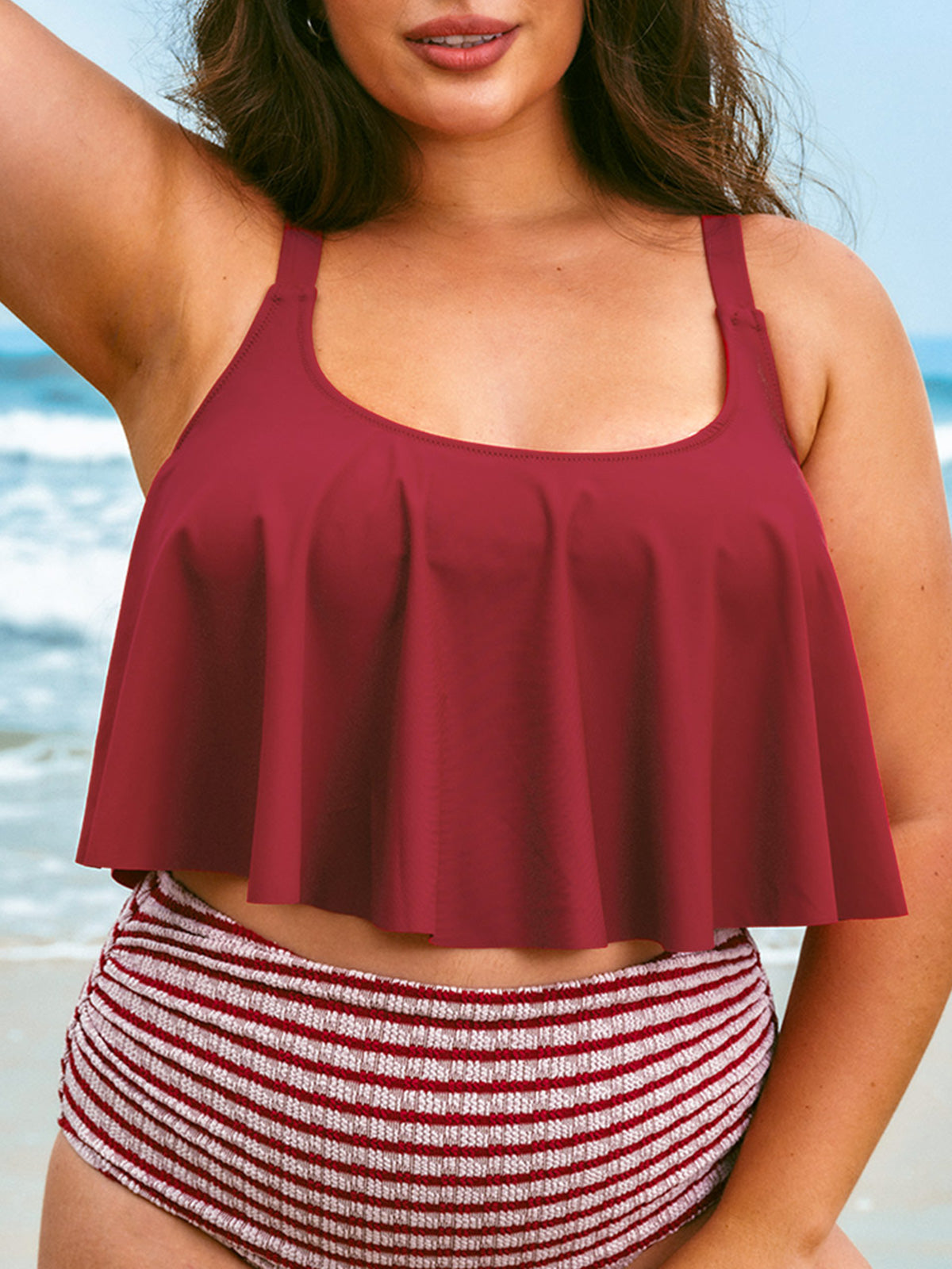 women-knitted-nylon-blended-tankini-tops-sustainable-plus_size_tankinis-fgsey4 Wine Red U-Neck Plus Size Tankini Top - Image 1