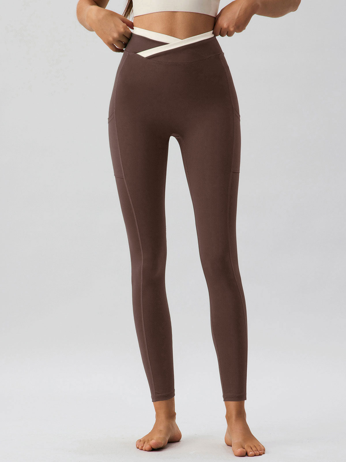 women-knitted-nylon-blended-yoga-leggings-coffee-sustainable-yoga_bottoms-s4tog6 Coffee Natural Waisted Leggings 25" - Image 1