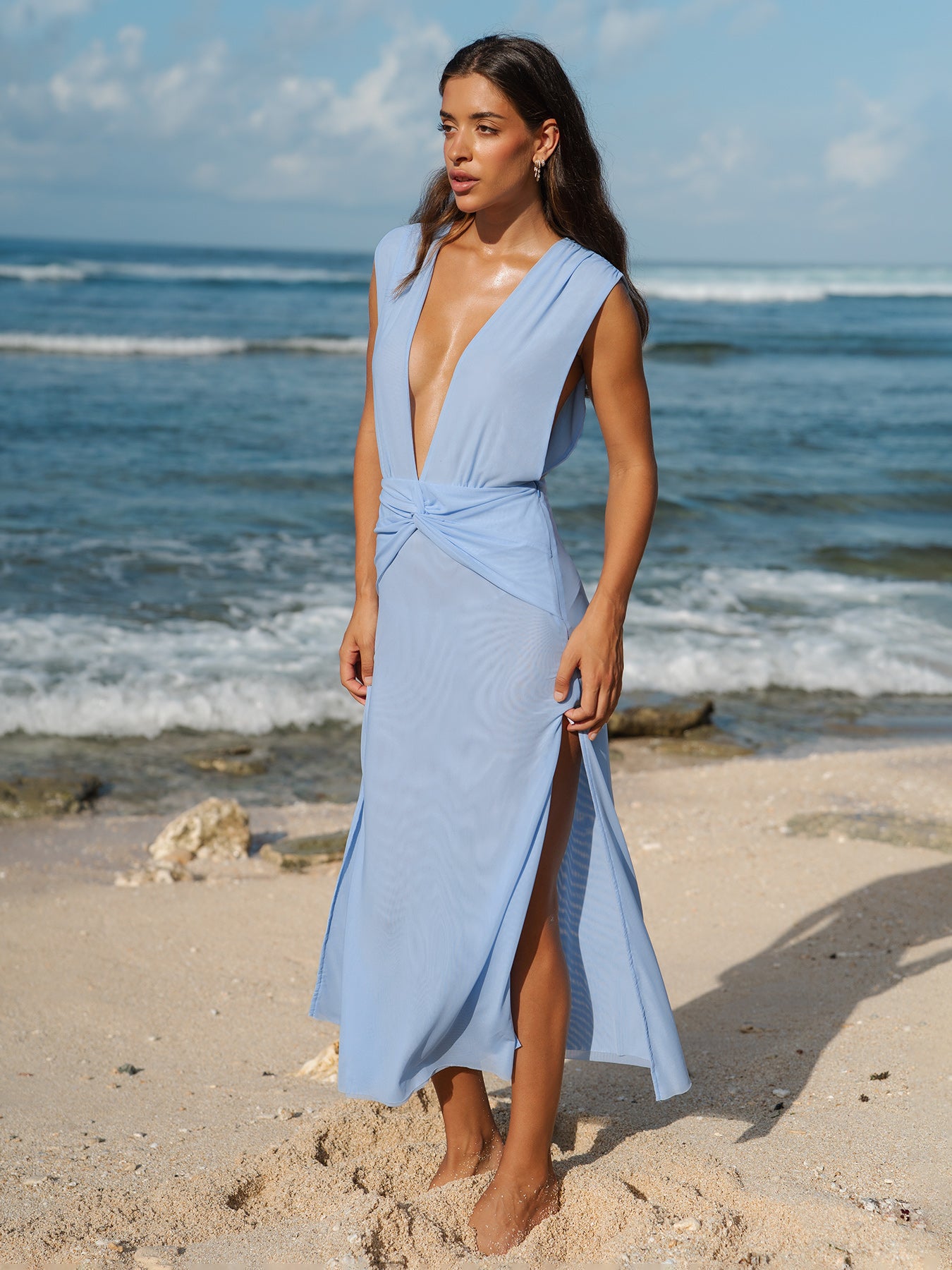 women-knitted-nylon-mesh-cover-ups-sustainable-beach_dress-jilvca Blue Deep V-Neck Knotted Mesh Cover-up Dress - Image 1